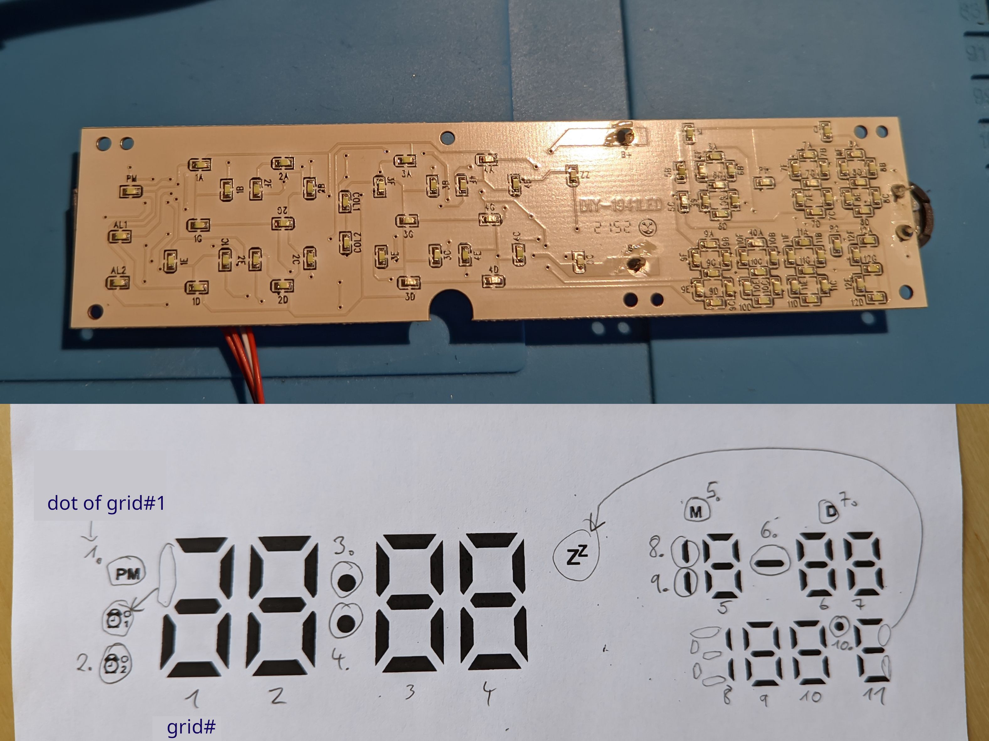 A composite image showing the display's front with a lot of white 0603 LEDs and a sheet of paper showing which grids on the display controller they are connected to