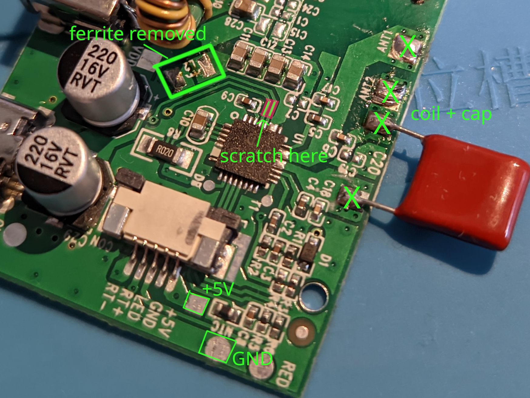 Some markings showing which parts on the PCB need to be changed.