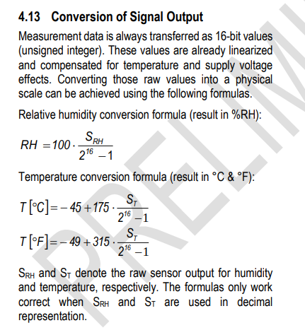 formulas from the datasheet showing conversion between protocol bytes and humidity and temperature values