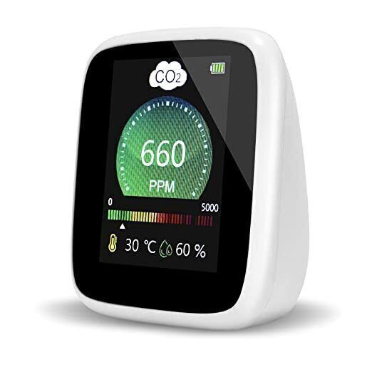 product photo of a gadget with a color display showing the measured CO2 air concentration