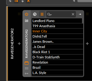 a screenshot of the plugin in Bitwig showing a list of presets