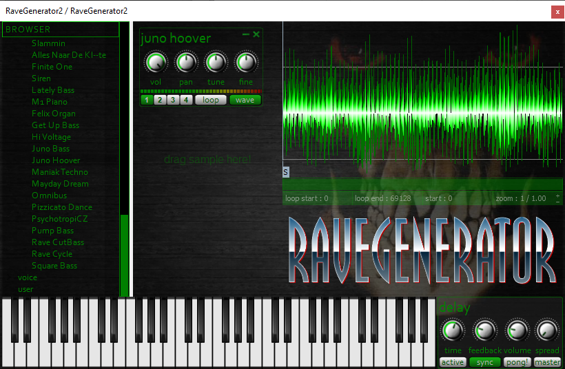 a screenshot of the Rave Generator window showing a Juno Hoover sample waveform