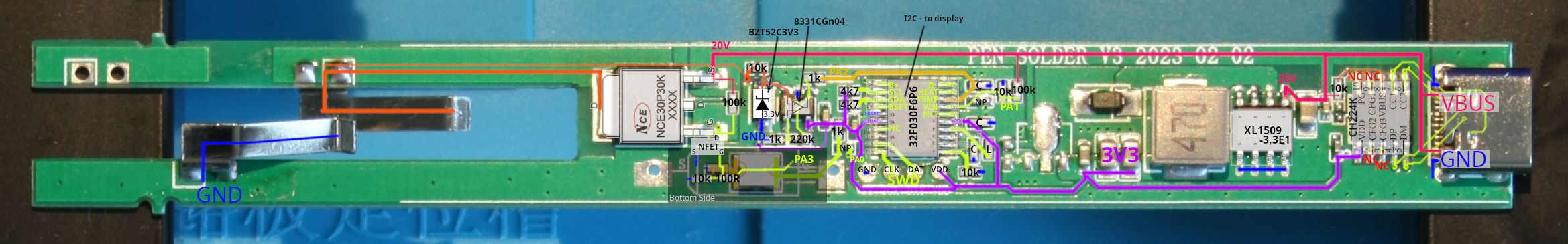 Photo of the PCB with highlighted and annotated traces