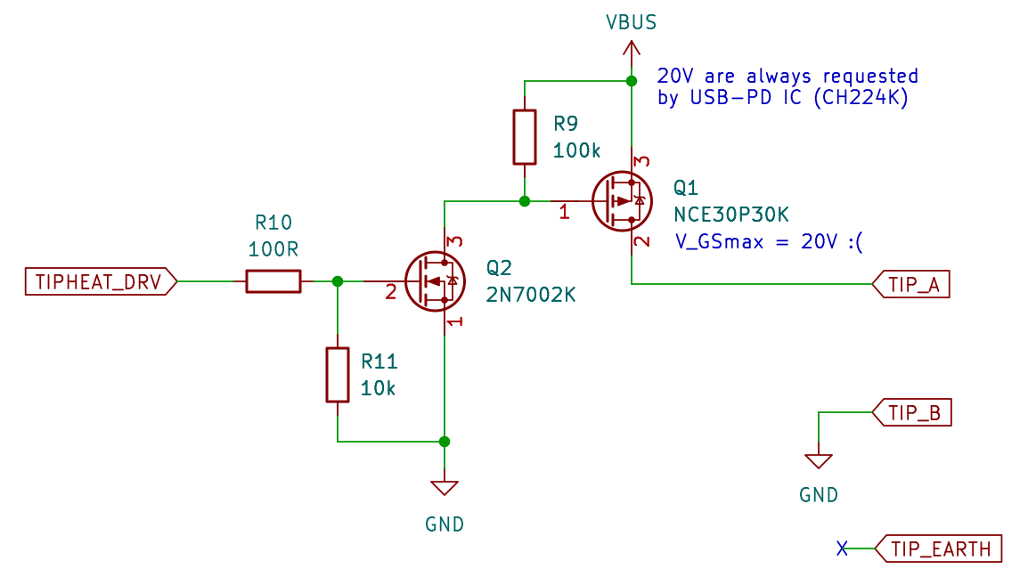 Schematic showing two MOSFETs driving the tip