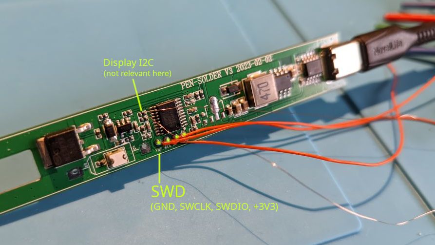 Showing the SWD test pads below the MCU